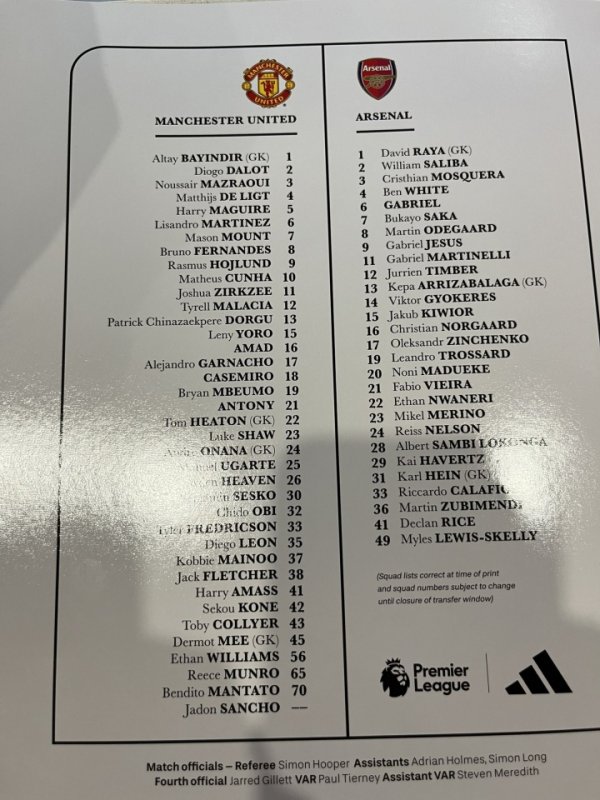 凑个数😜桑乔出现在曼联vs阿森纳球员名单中，并且没有号码